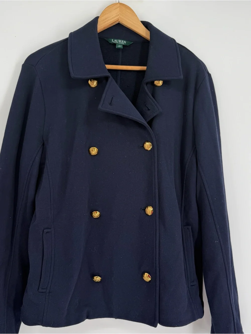 Lauren Ralph Lauren Navy Blue Knit Double Breasted Gold Crest Button Jacket L